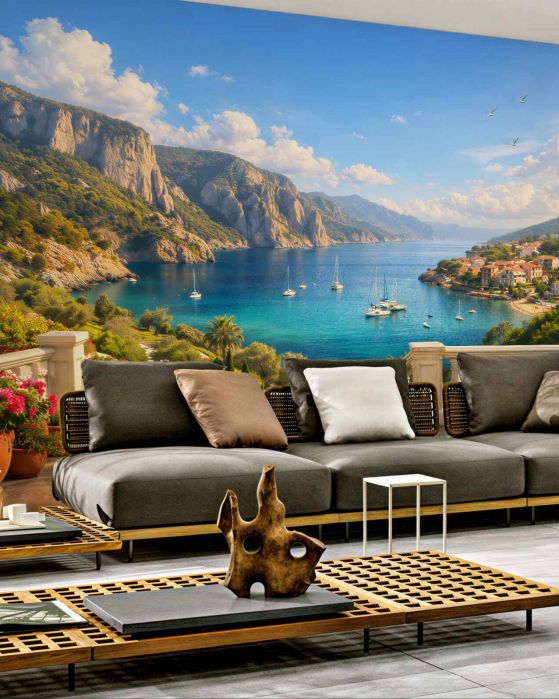 Fototapeten Sonnige Terrasse über der azurblauen Bucht