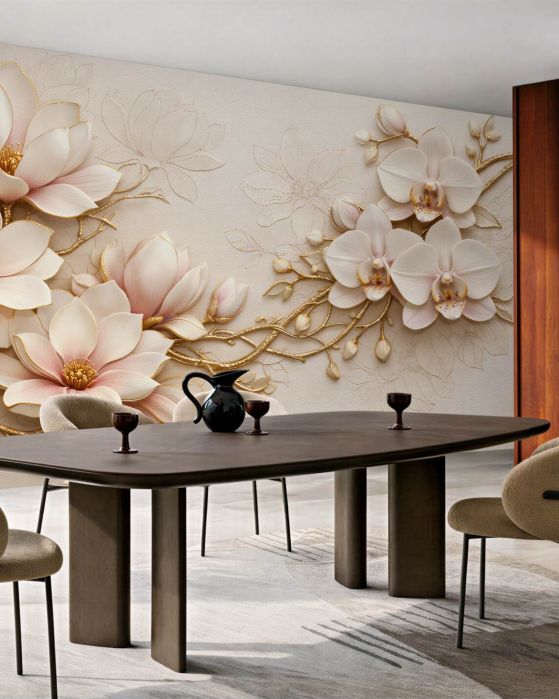 Fototapeten Goldene Magnolien und Orchideen Glamour
