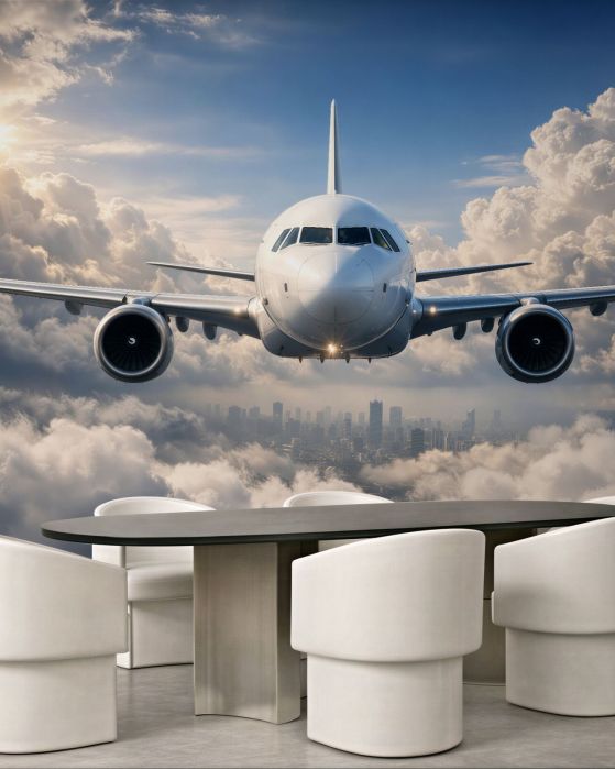 Fototapeten Flugzeug über Wolken und Stadt