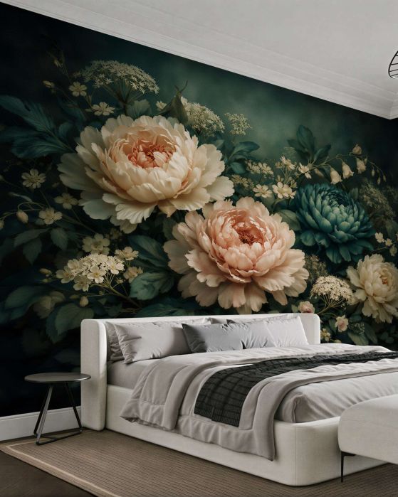 Fototapeten Elegante Pfingstrosen auf dunklem Hintergrund