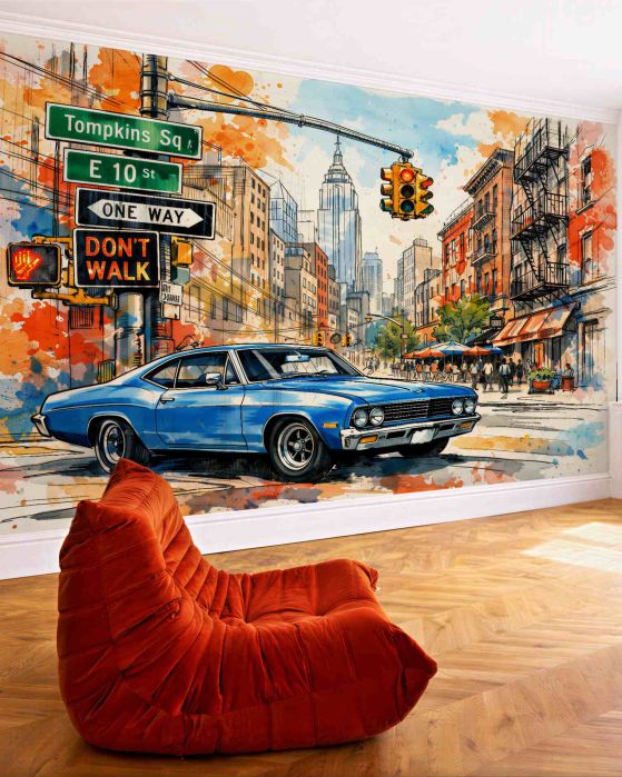 Fototapeten Aquarellstraße mit klassischem Auto