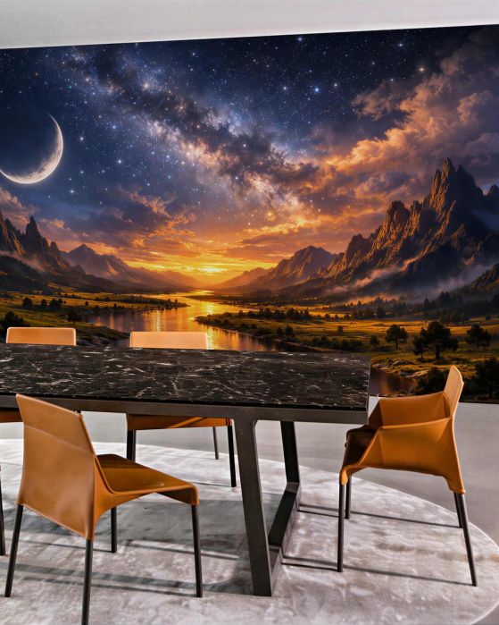 Fototapeten Kosmischer Sonnenuntergang über einem Bergtal