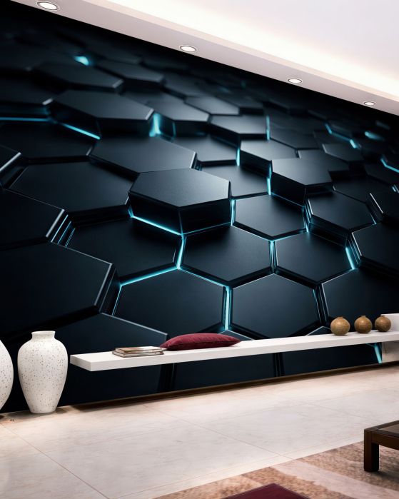 Fototapeten Dunkle Hexagone mit blauem Licht