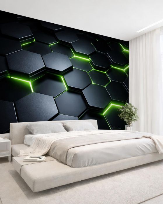 Fototapeten Grüne Neon-Hexagone 3D