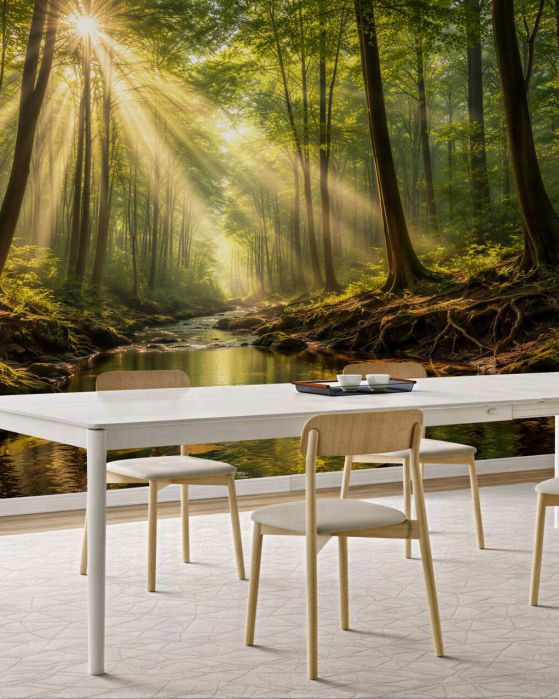 Fototapeten Sonniger Wald am ruhigen Bach
