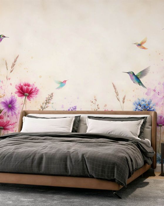Fototapeten Aquarellwiese mit Kolibris