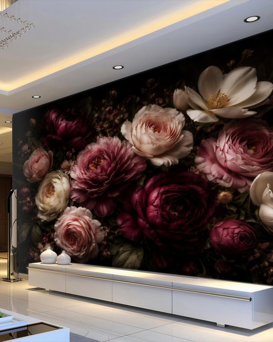 Fototapeten Dunkle Blumen in elegantem Glanz