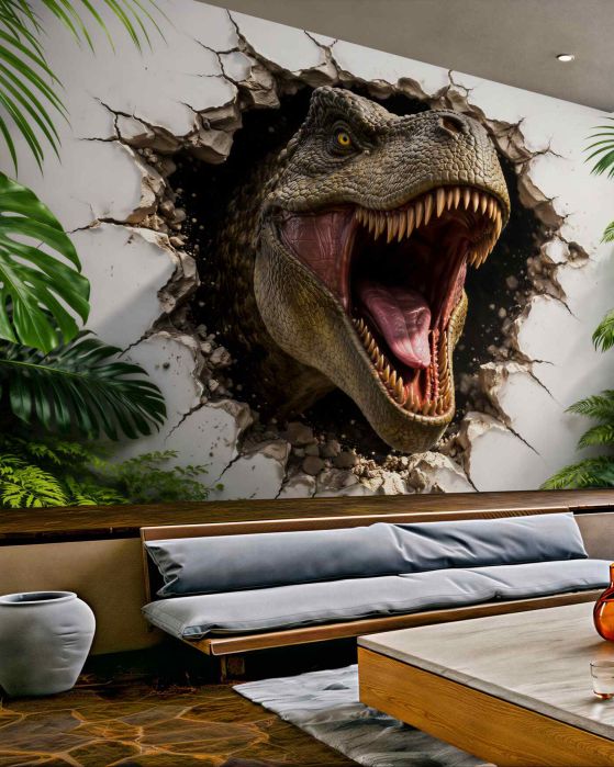 Fototapeten 3D-Dinosaurier durchbricht die Wand