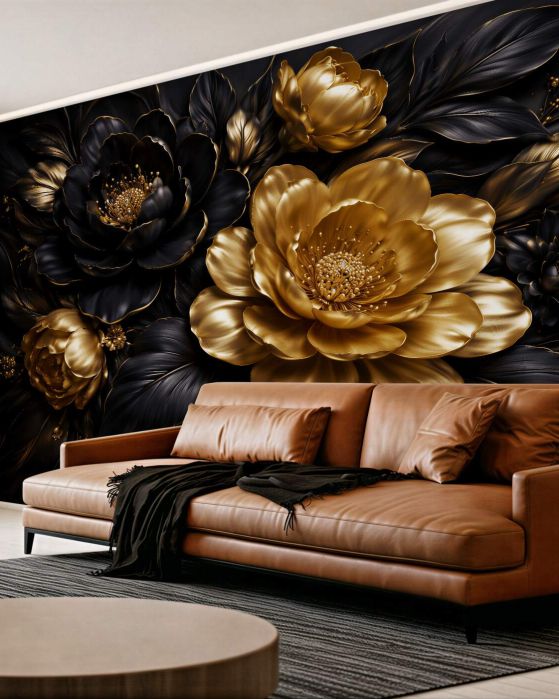 Fototapeten Gold-schwarze Glamour-Blumen
