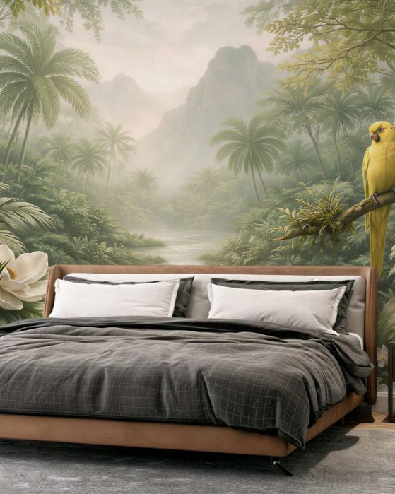 Fototapeten Paradiesischer Dschungel mit gelben Papageien