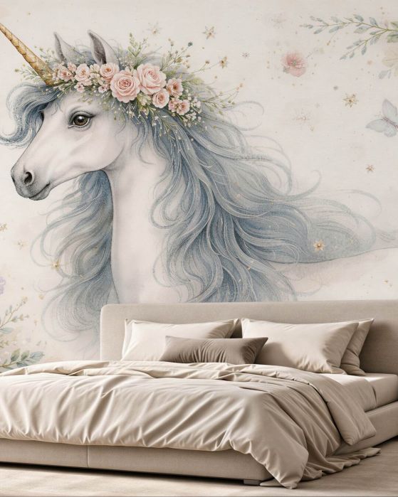 Fototapeten Märchenhaftes Einhorn in Blumen