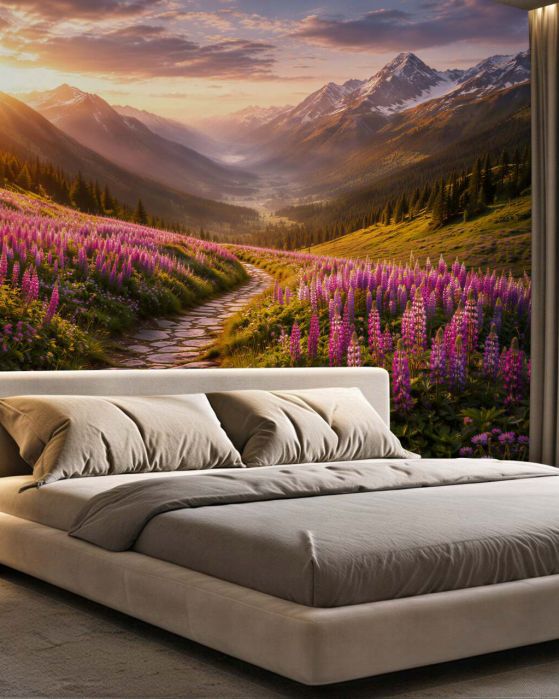 Fototapeten Sonniges Tal voller Blumen und Berge
