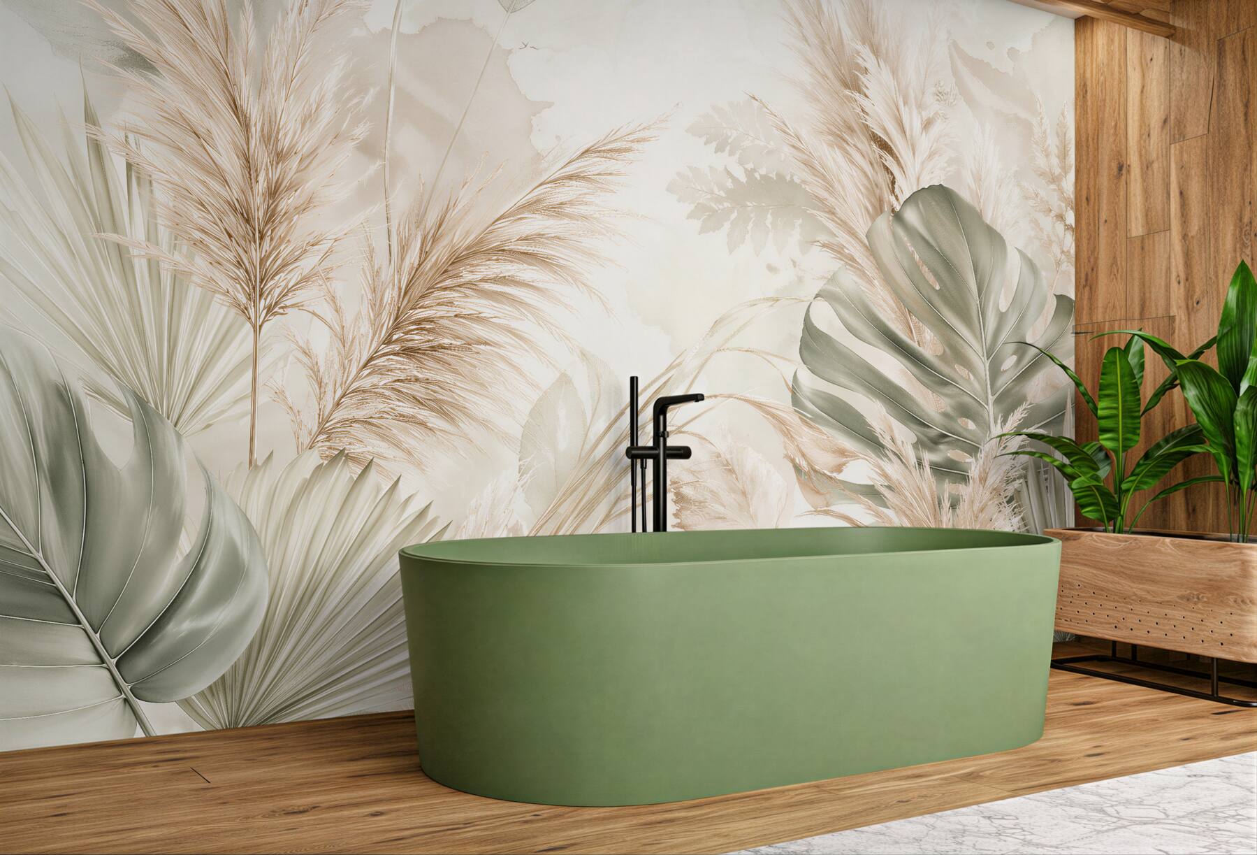 Fototapeten Beige Blätter und Pampasgras Boho