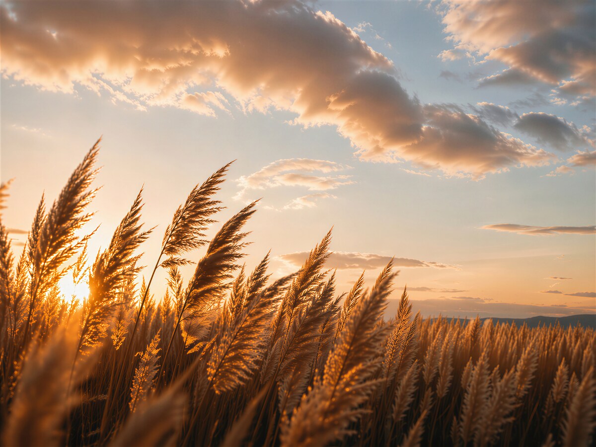 Fototapeten Goldene Gräser im Abendglanz