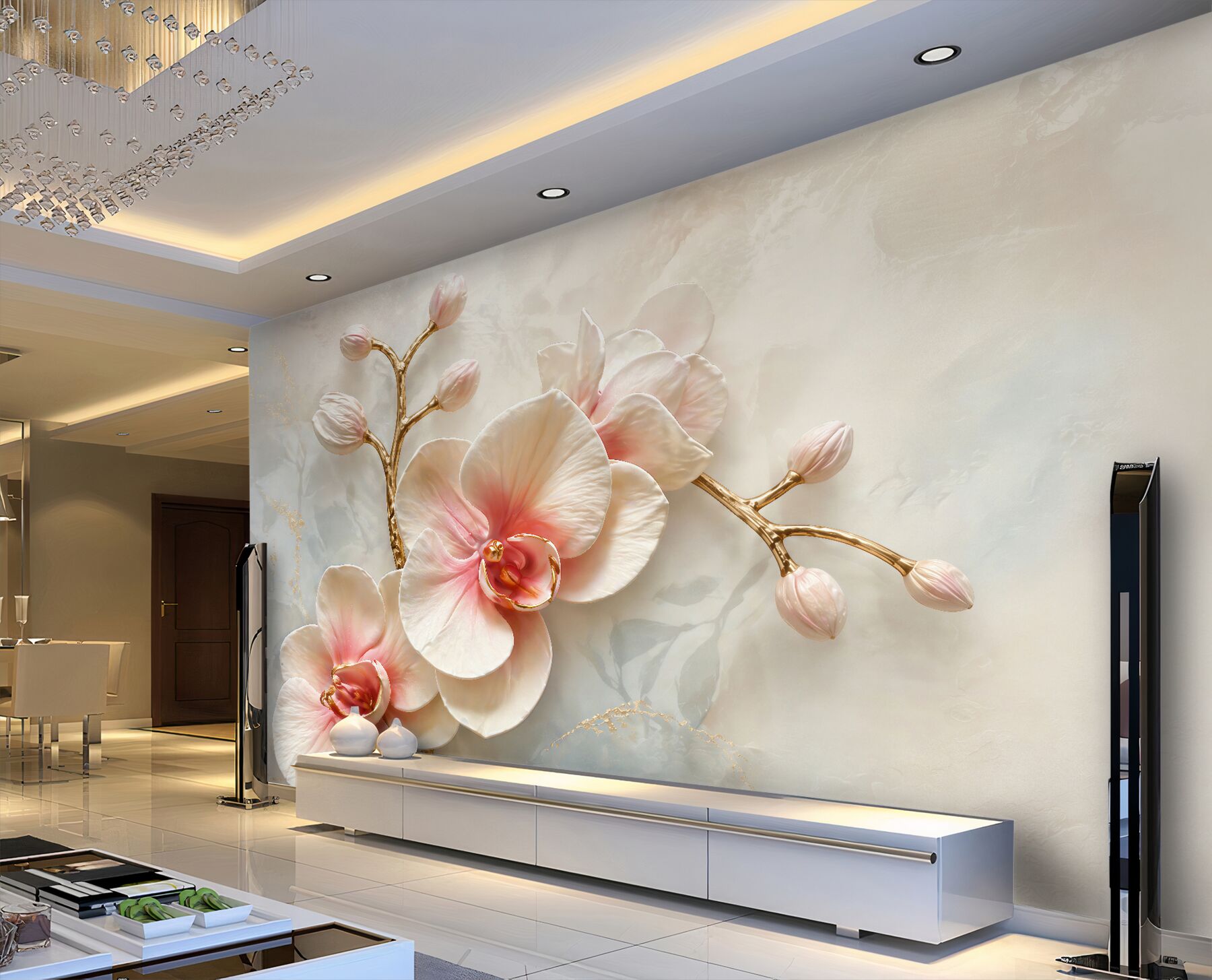 Fototapeten Puderorchidee mit goldenen Zweigen