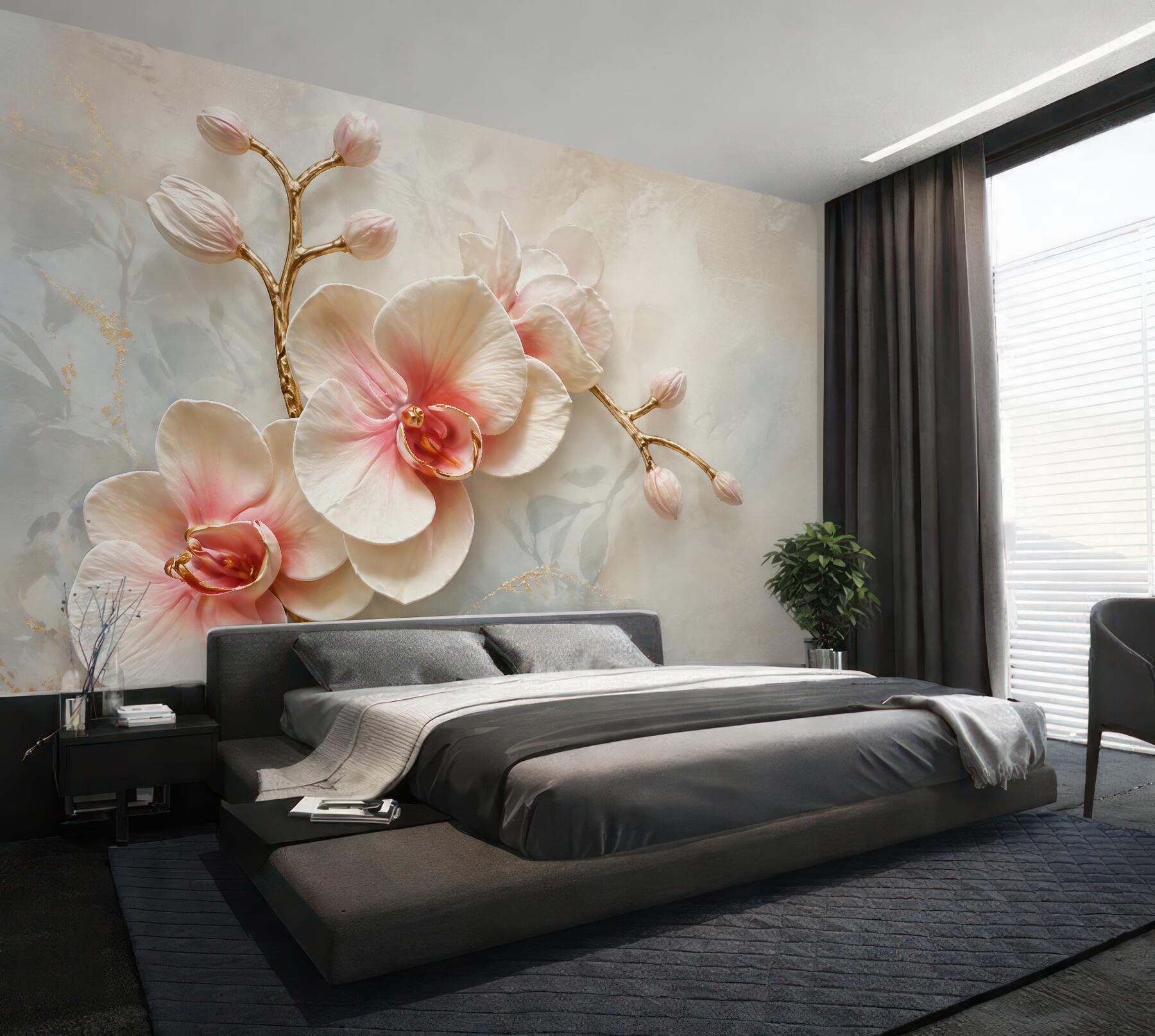 Fototapeten Puderorchidee mit goldenen Zweigen