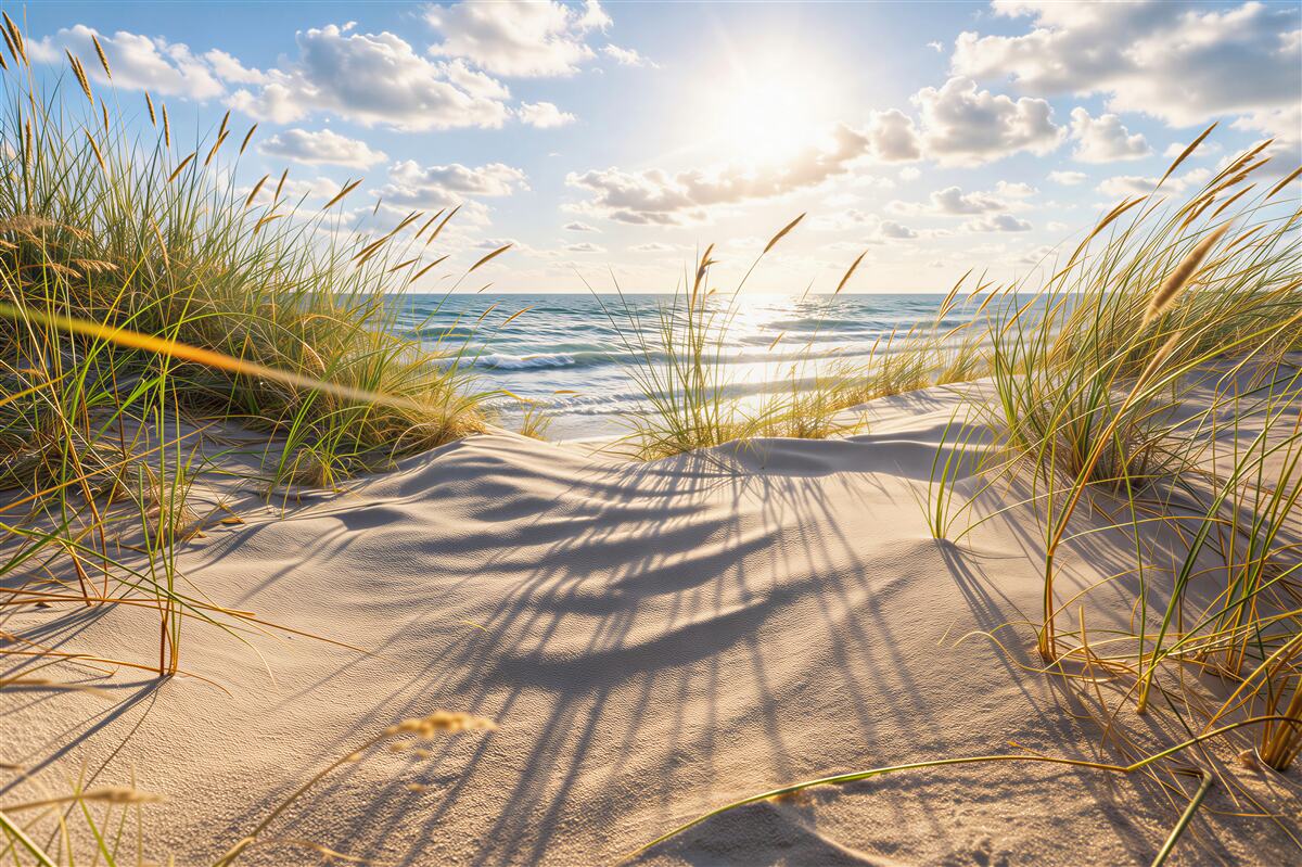 Fototapeten Sonnige Dünen am ruhigen Meer