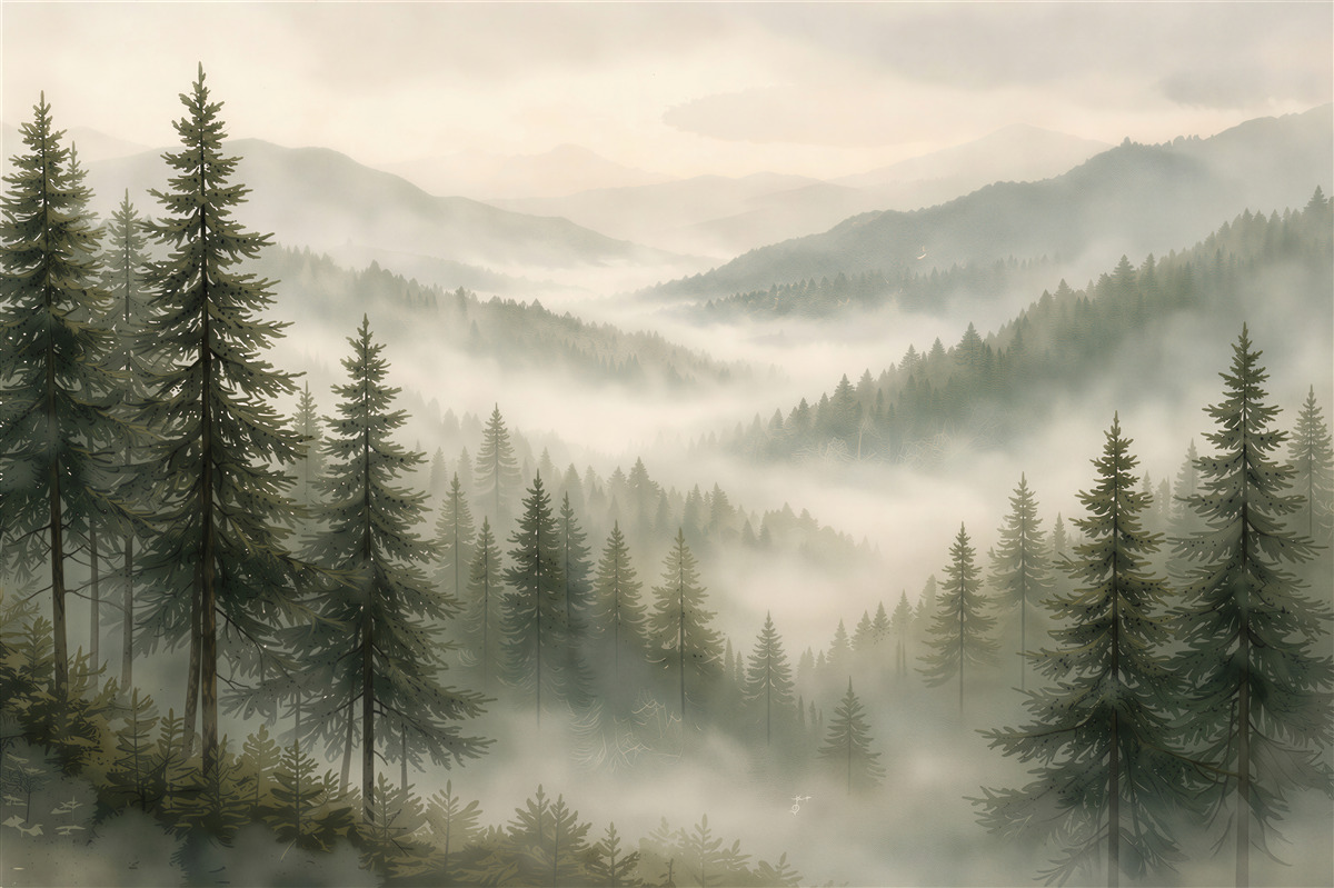 Fototapeten Nebeliger Bergwald im Morgengrauen
