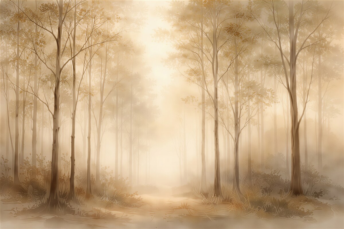 Fototapeten Goldener Wald im Morgennebel