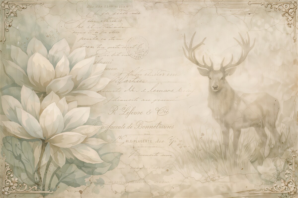 Fototapeten Vintage-Magnolien mit würdigem Hirsch