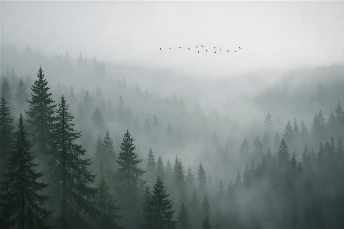 Fototapeten Waldnebel im Morgengrauen