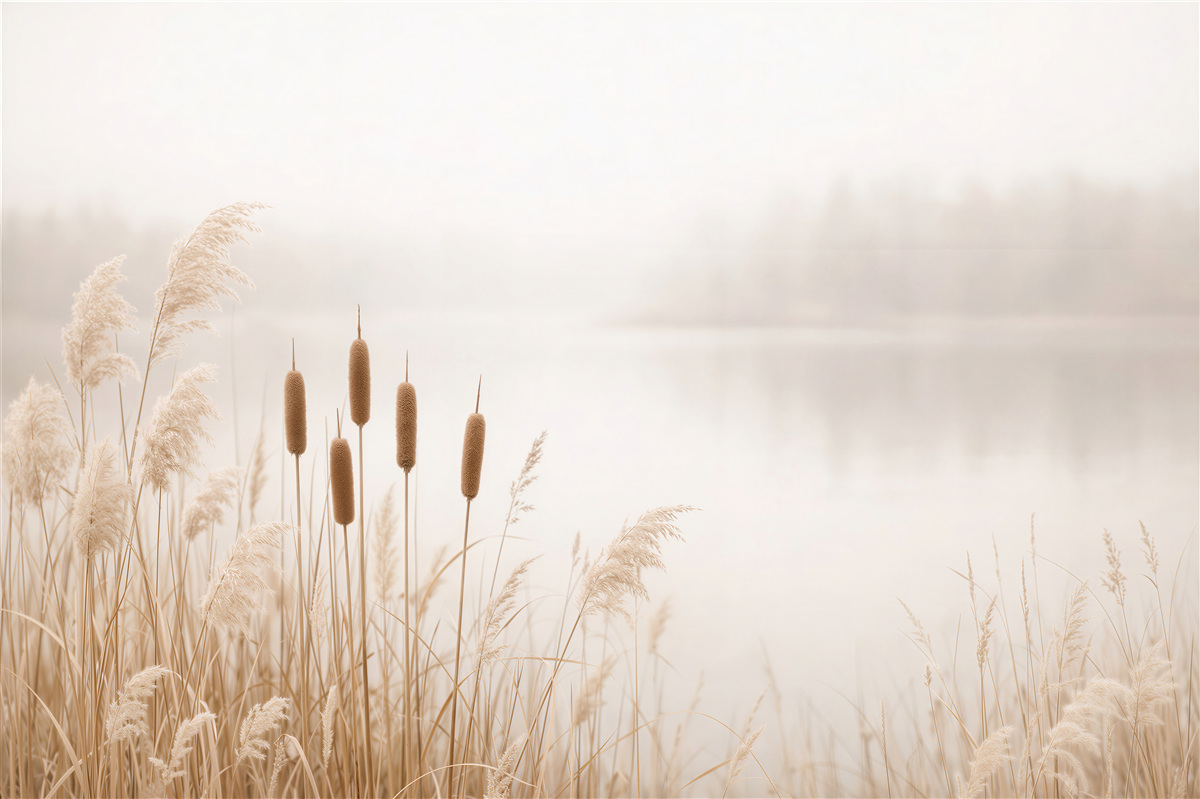 Fototapeten Beige Gräser am stillen See