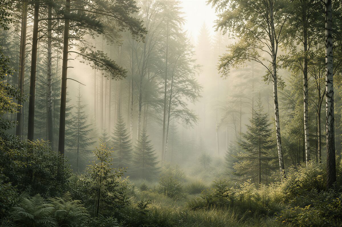 Fototapeten Strahlende Waldmorgenröte im Grün