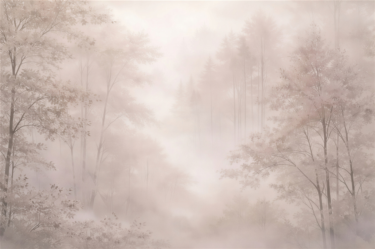 Fototapeten Pudriger Wald im Nebel bei Sonnenaufgang