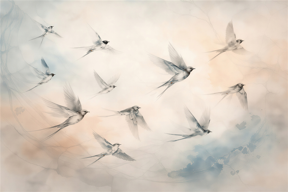 Fototapeten Fliegende Schwalben im pastellfarbenen Nebel