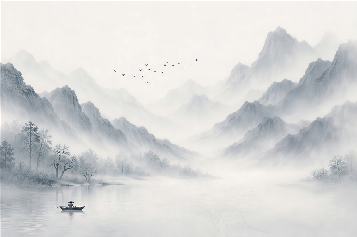 Fototapeten Neblige Berglandschaft mit Boot