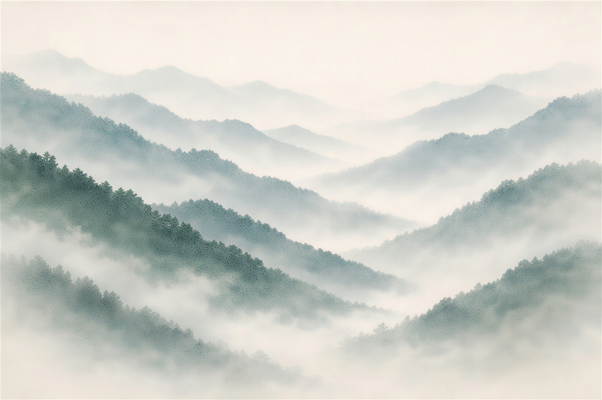 Fototapeten Waldhügel im zarten Nebel