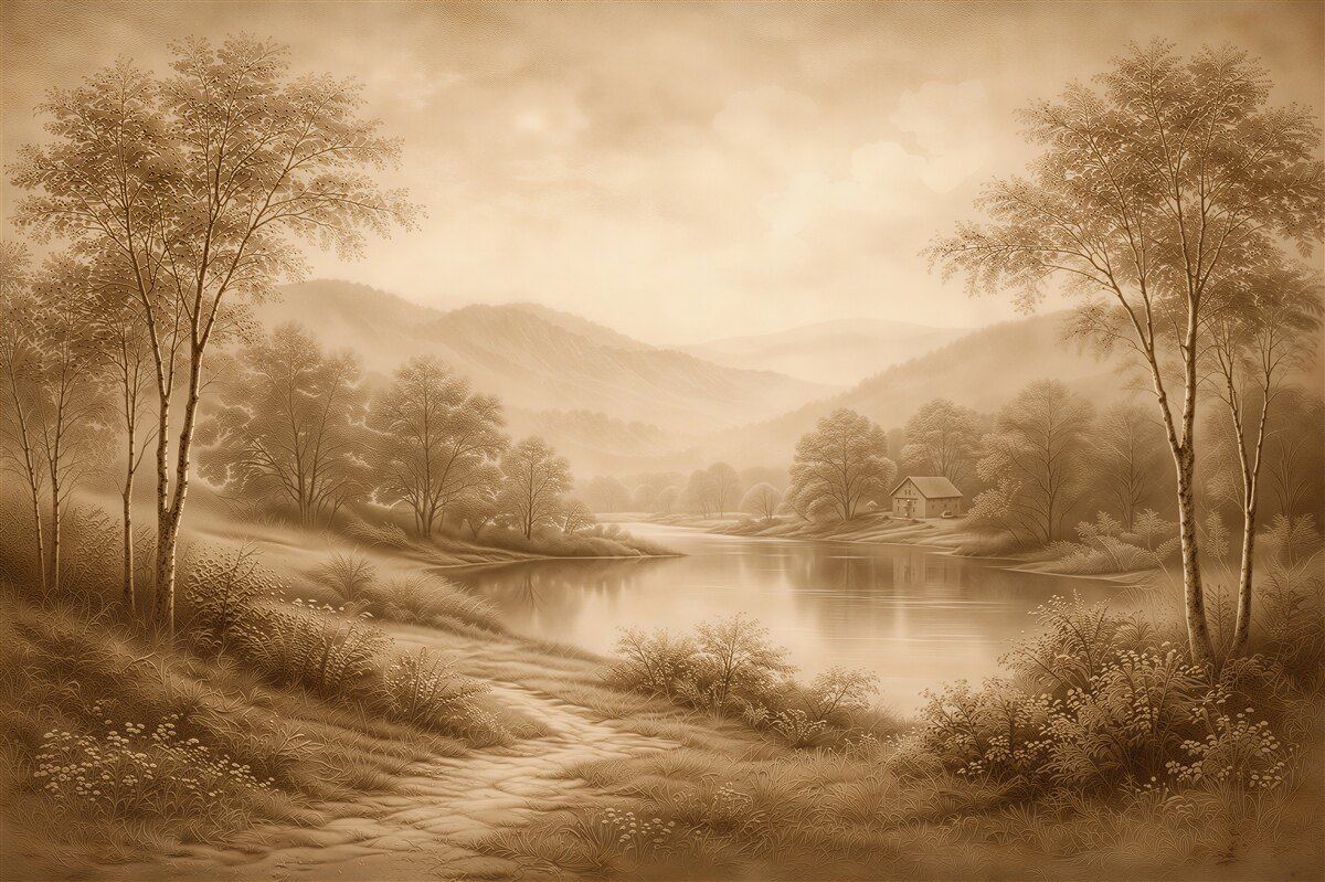 Fototapeten Idylische Landschaft an einem ruhigen See