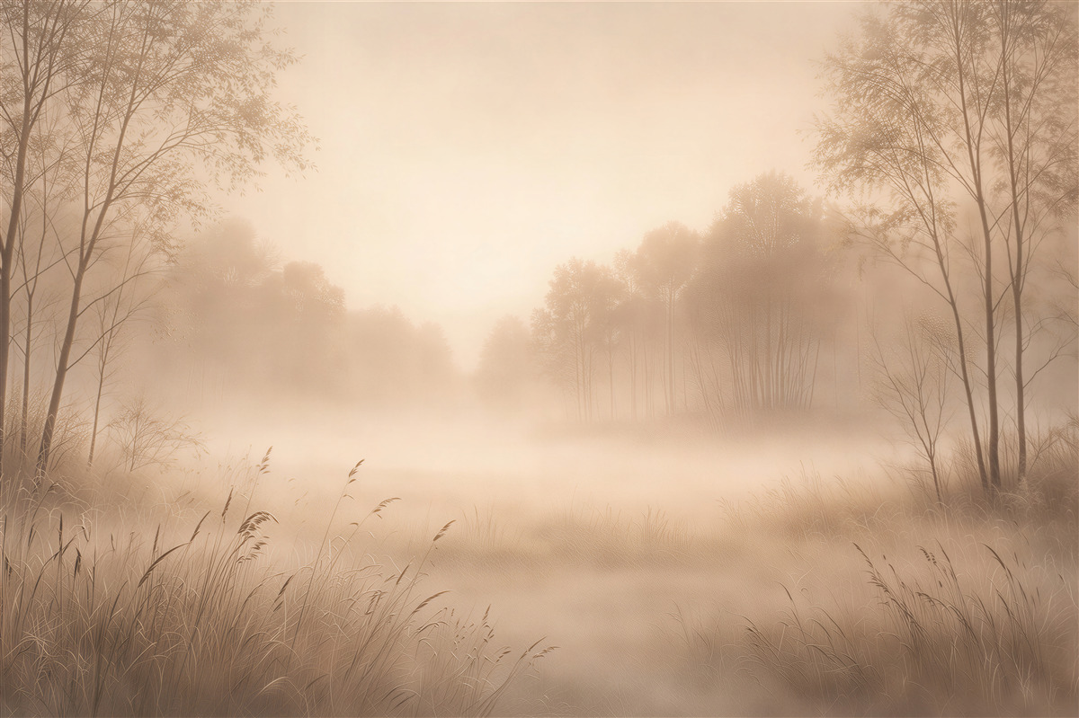 Fototapeten Nebliger Morgen über einem Waldteich