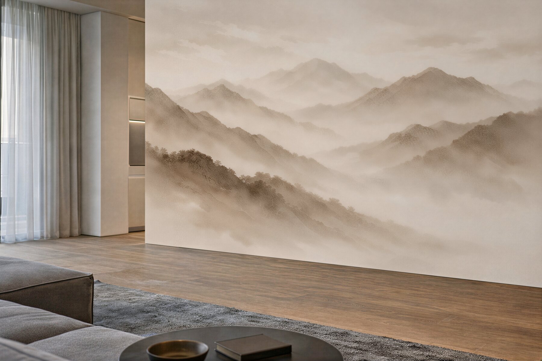 Fototapeten Beige Berge im milchigen Nebel