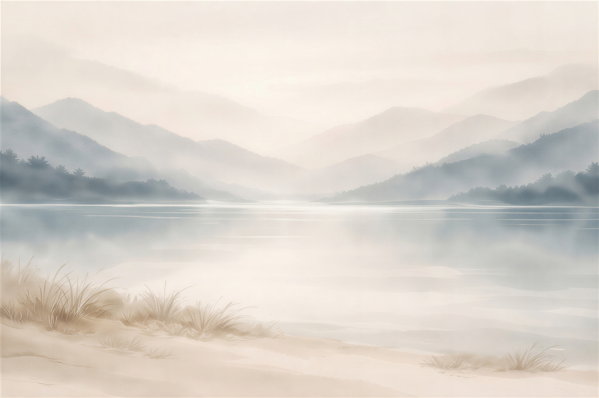Fototapeten Ruhige Berge am nebligen See