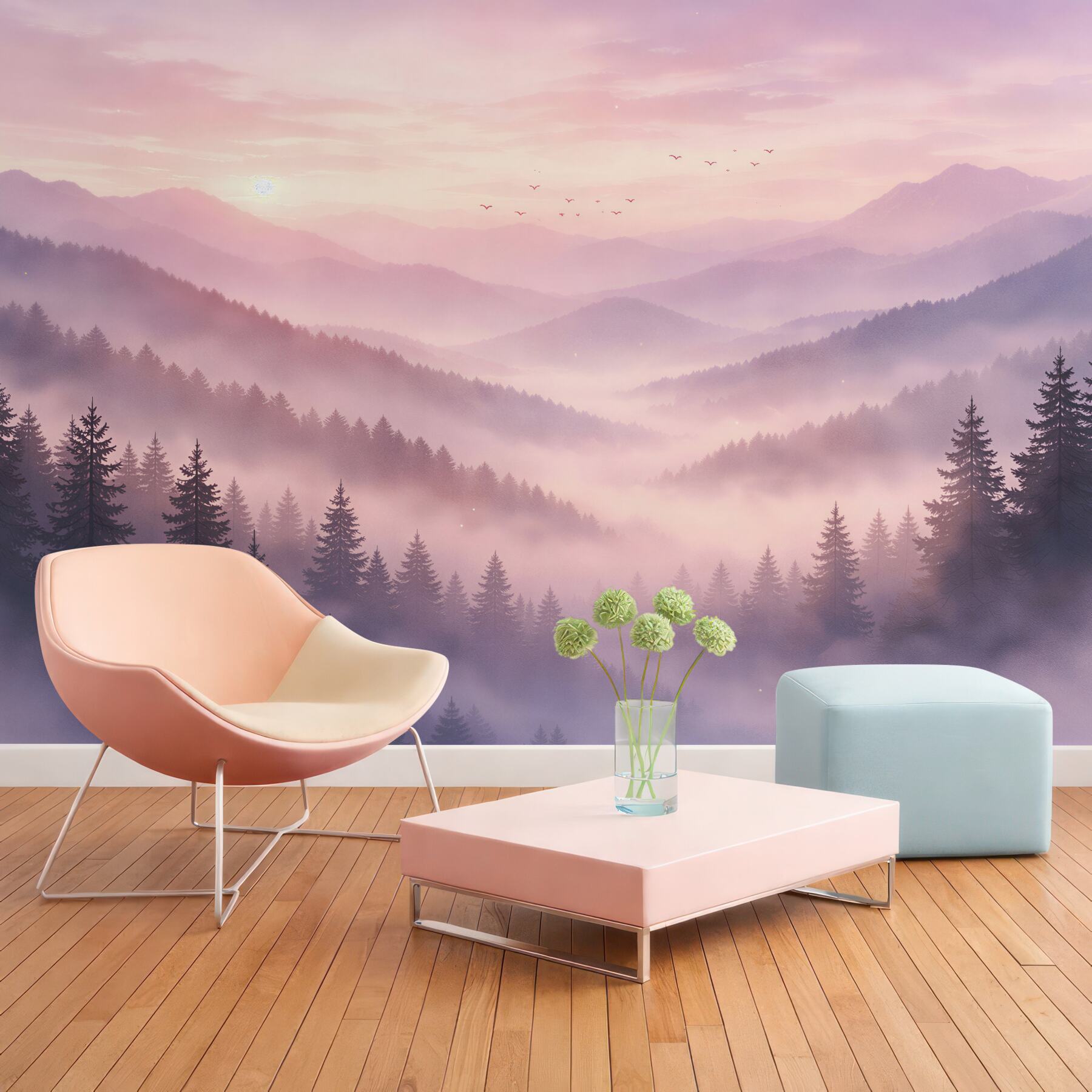 Fototapeten Rosa Morgenröte über nebligen Bergen