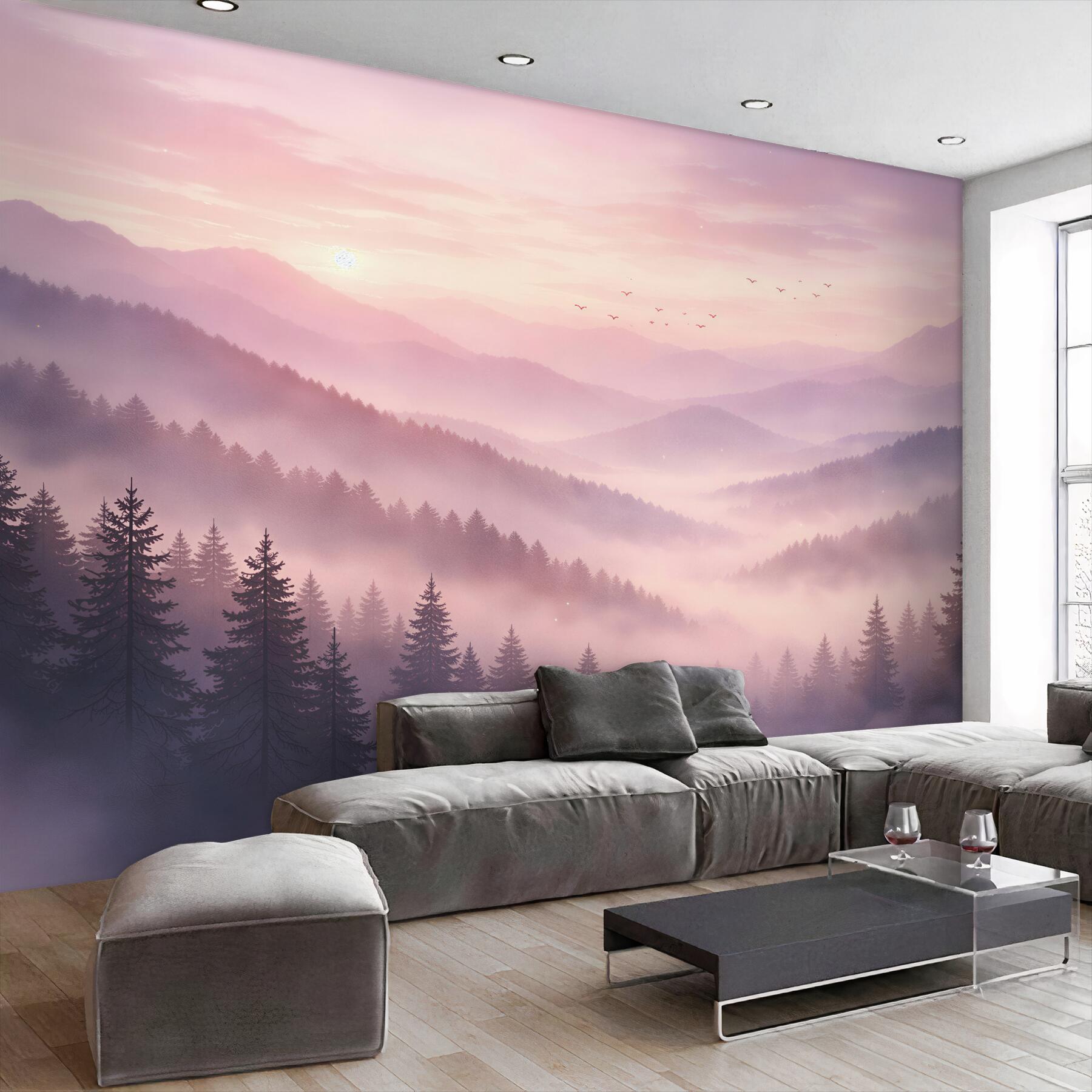 Fototapeten Rosa Morgenröte über nebligen Bergen