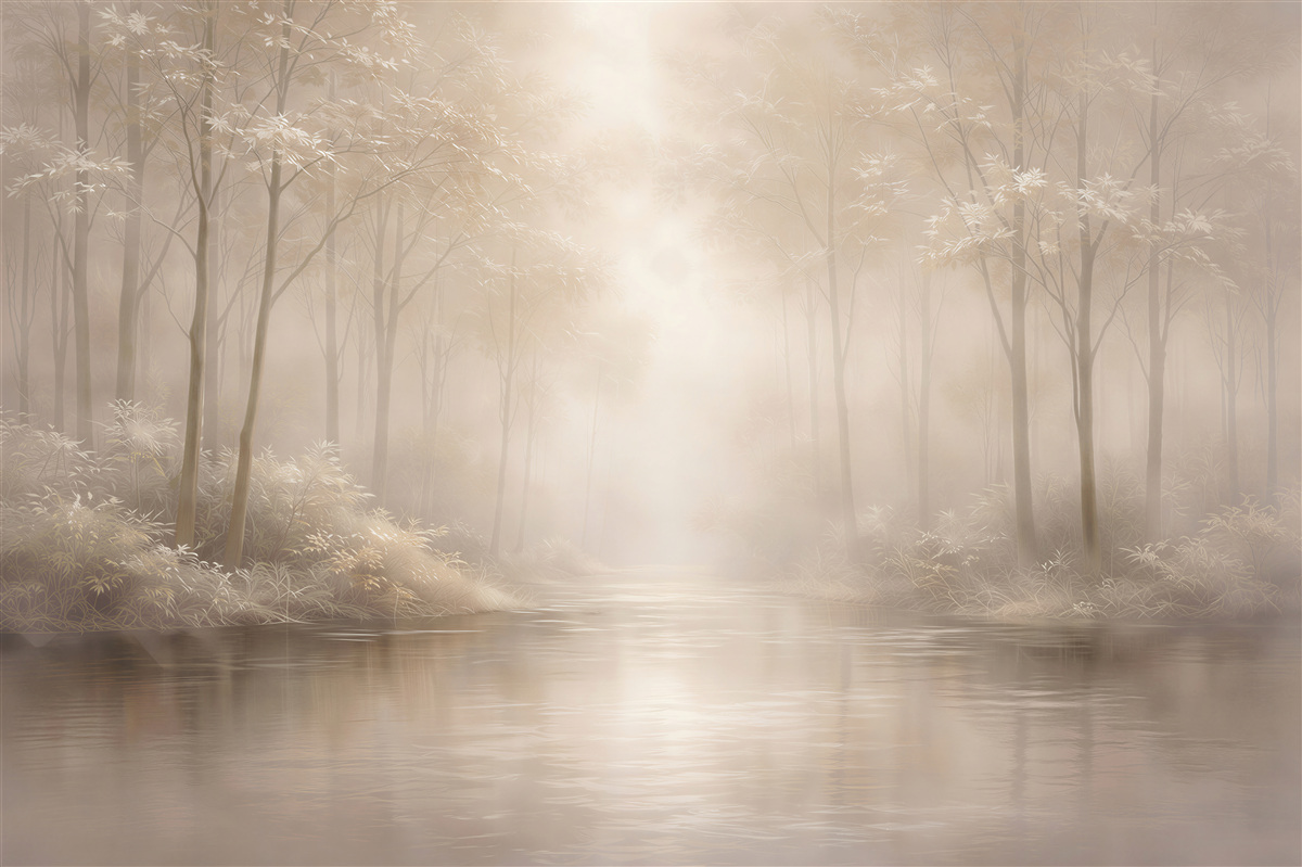 Fototapeten Goldener Nebel über dem Waldfluss