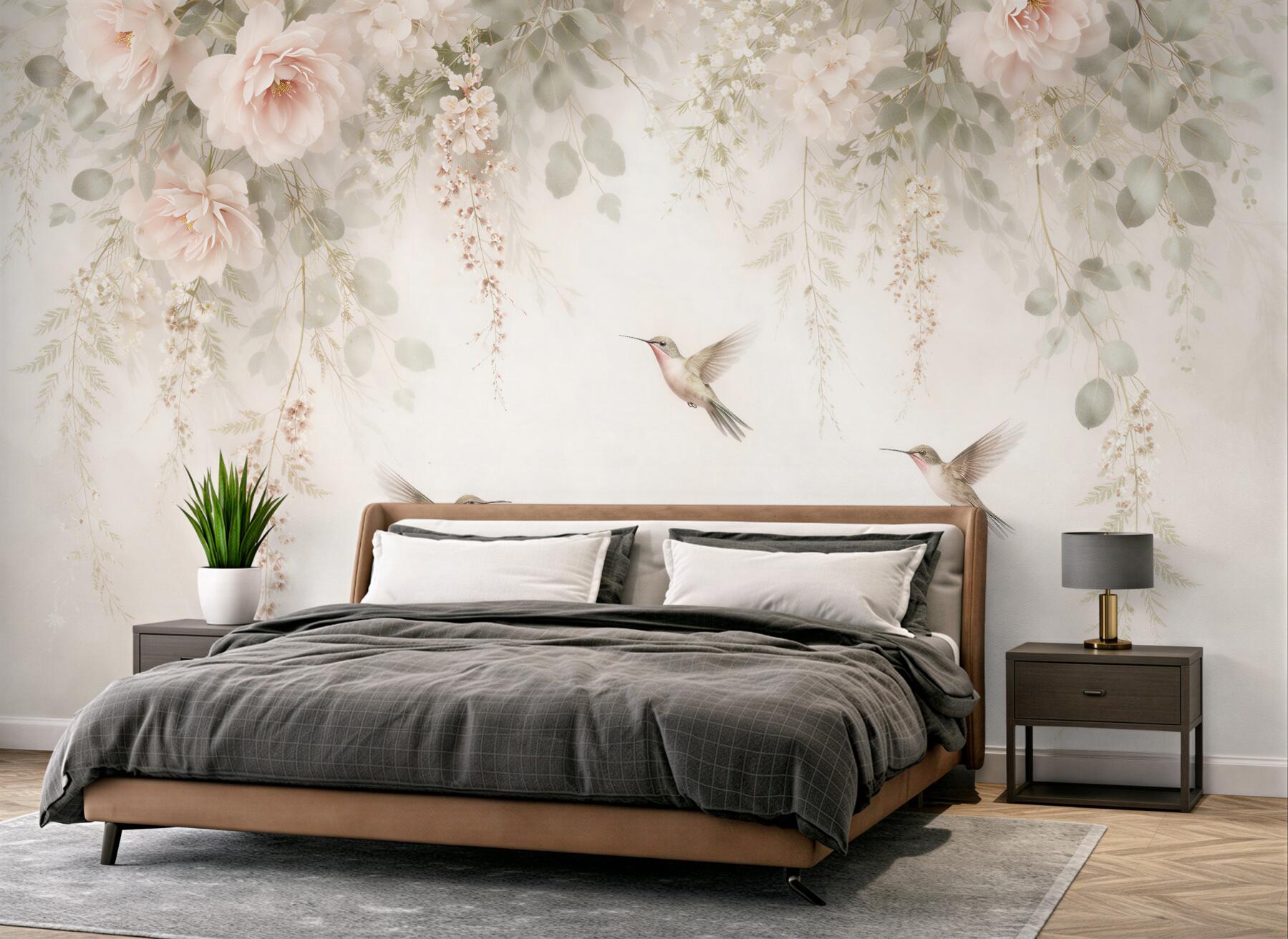 Fototapeten Pudrige Blumen und Kolibris der Träume
