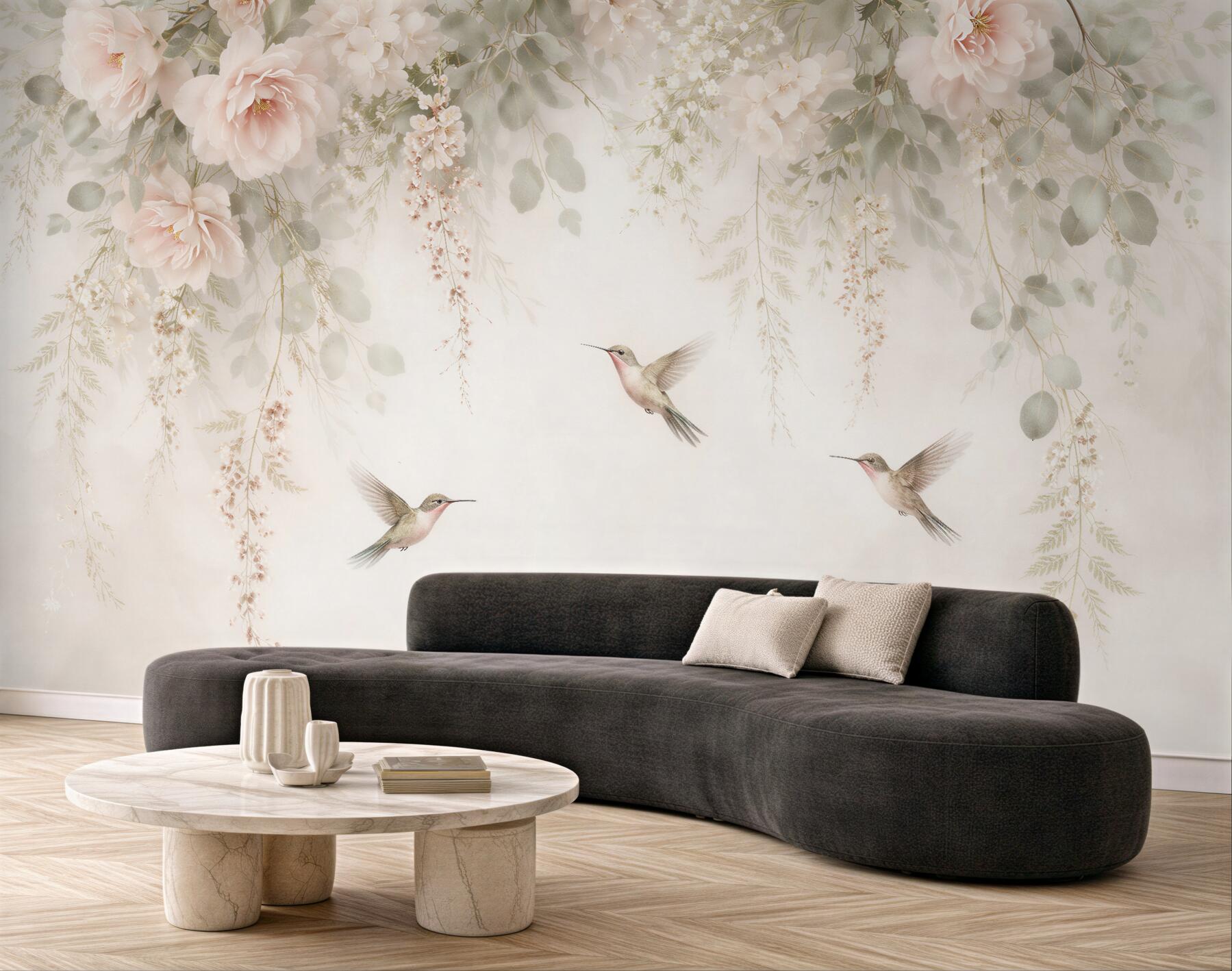 Fototapeten Pudrige Blumen und Kolibris der Träume