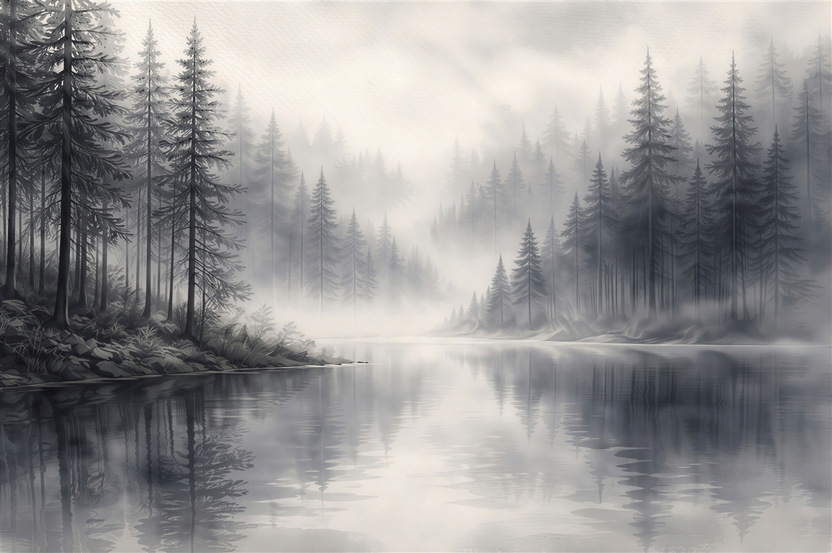 Fototapeten Waldsee im silbrigen Nebel