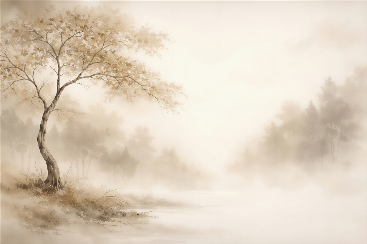 Fototapeten Nebelige Landschaft mit einsamem Baum