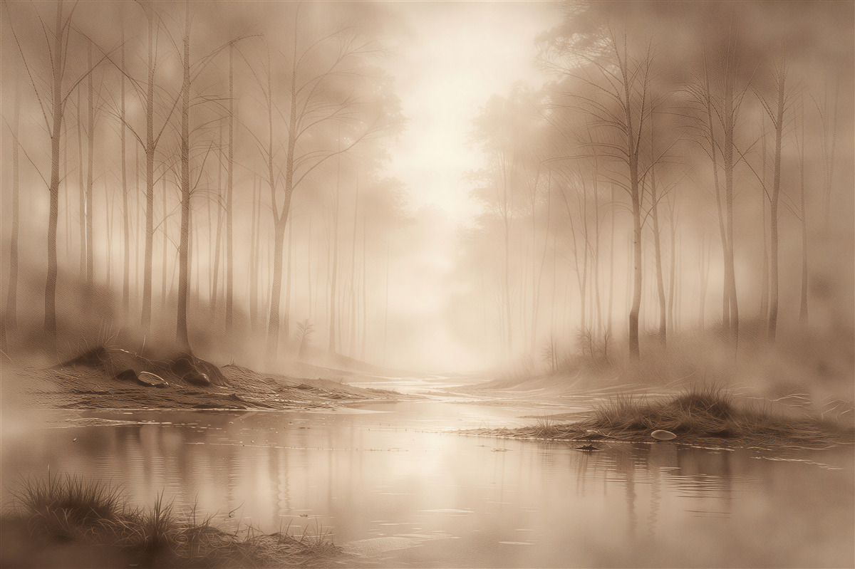 Fototapeten Waldteich im sepiafarbenen Nebel