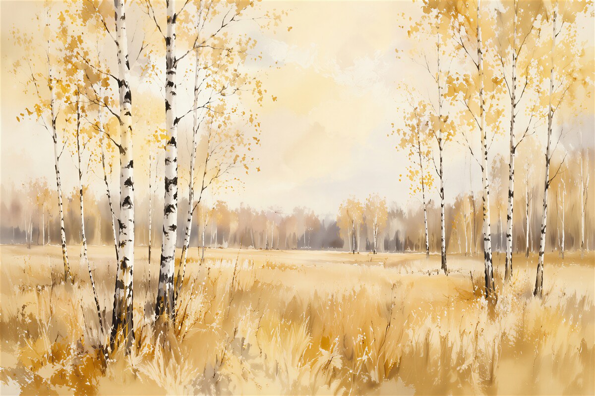 Fototapeten Goldene Birkenlandschaft im Licht