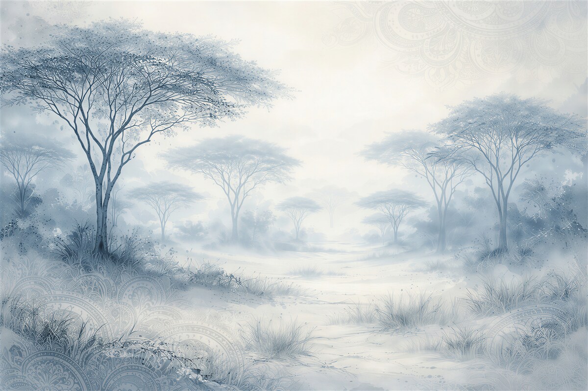 Fototapeten Blaue Savanne im zarten Nebel