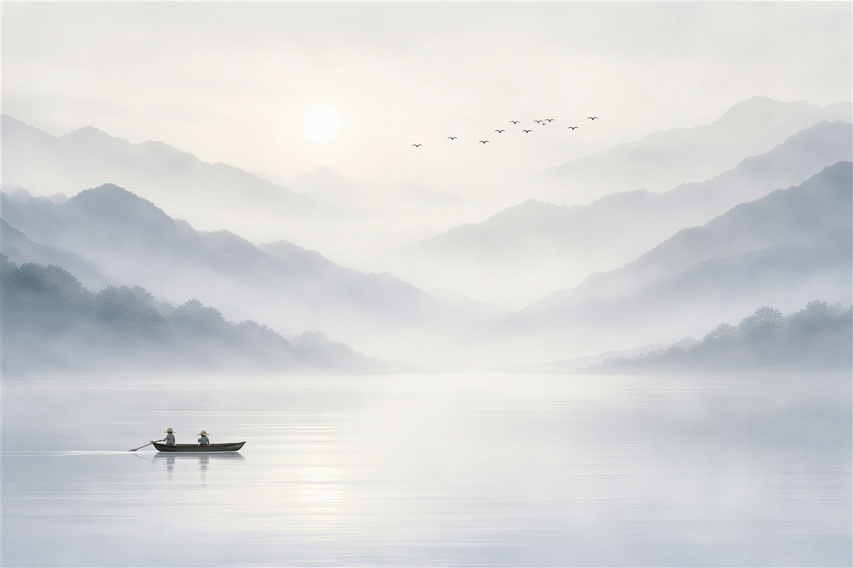 Fototapeten Nebliger Morgen am See