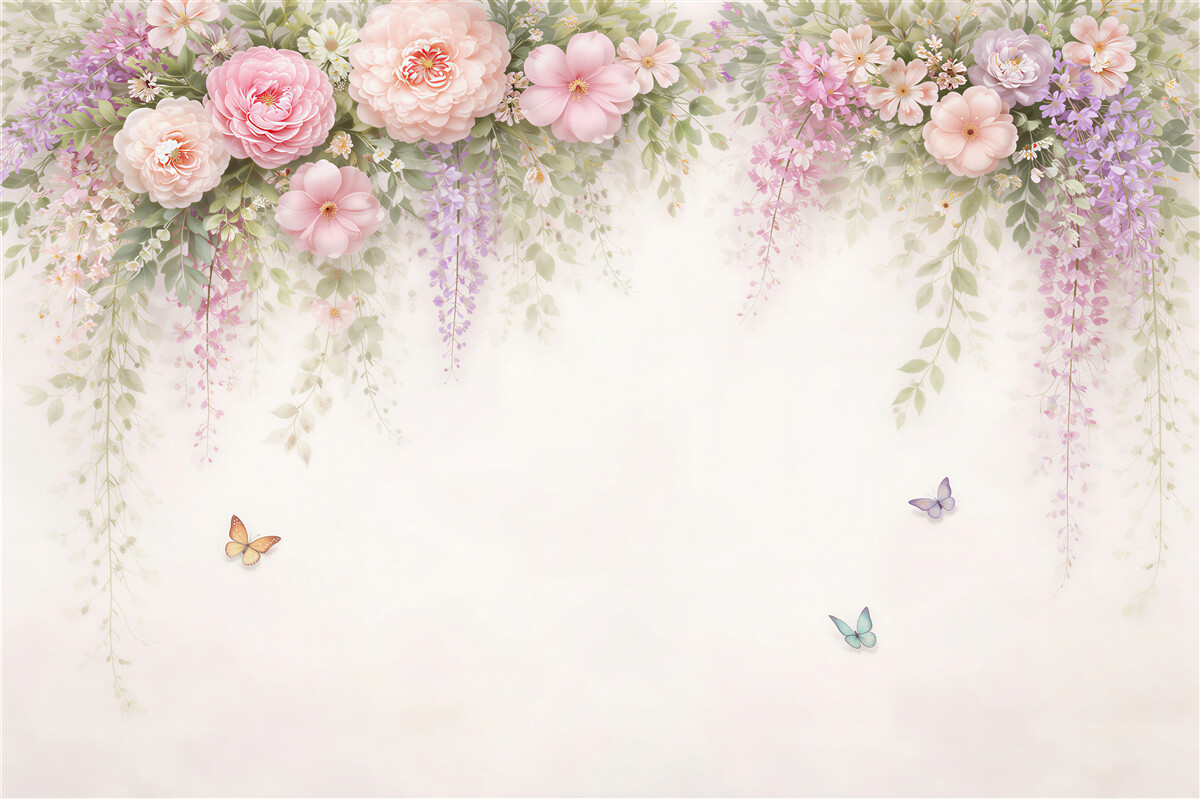 Fototapeten Pastellgirlande aus Blumen und Schmetterlingen