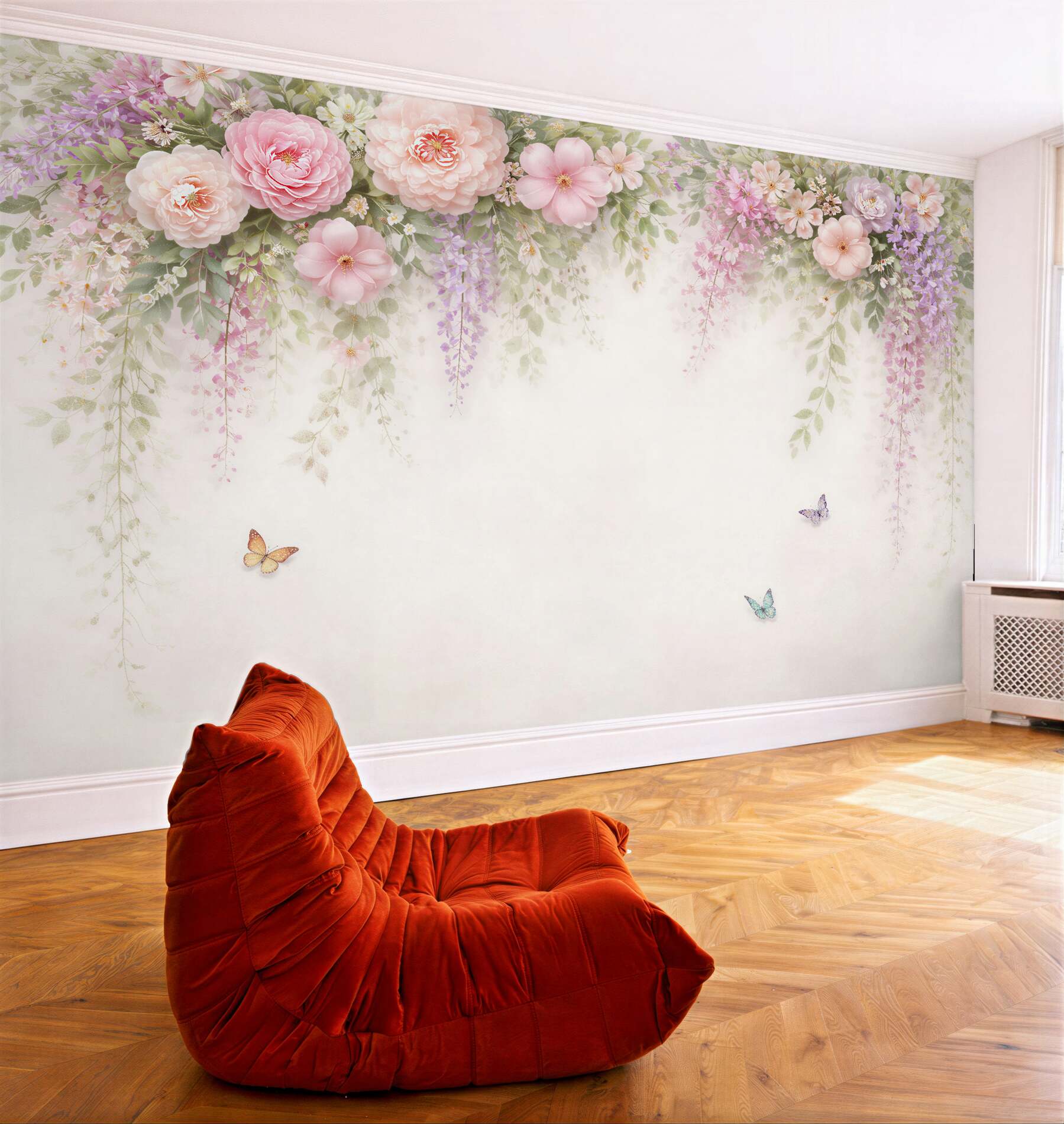 Fototapeten Pastellgirlande aus Blumen und Schmetterlingen