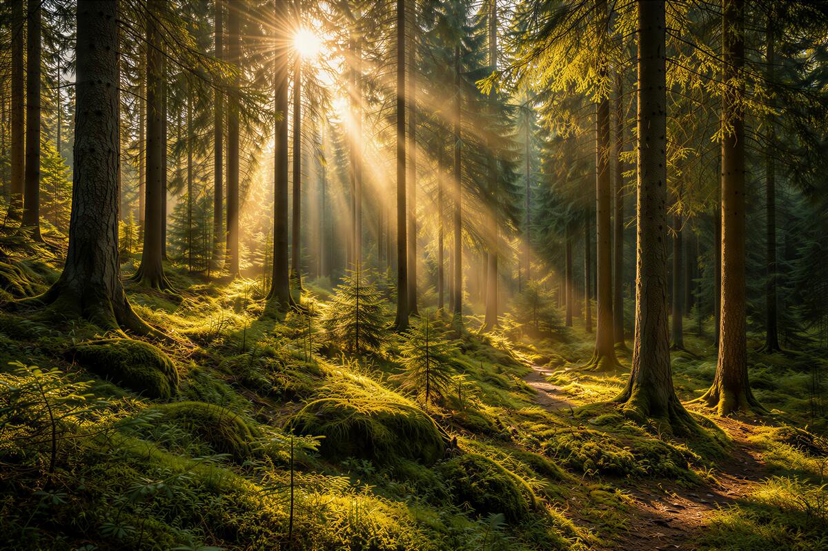 Fototapeten Waldmorgen in goldenen Strahlen