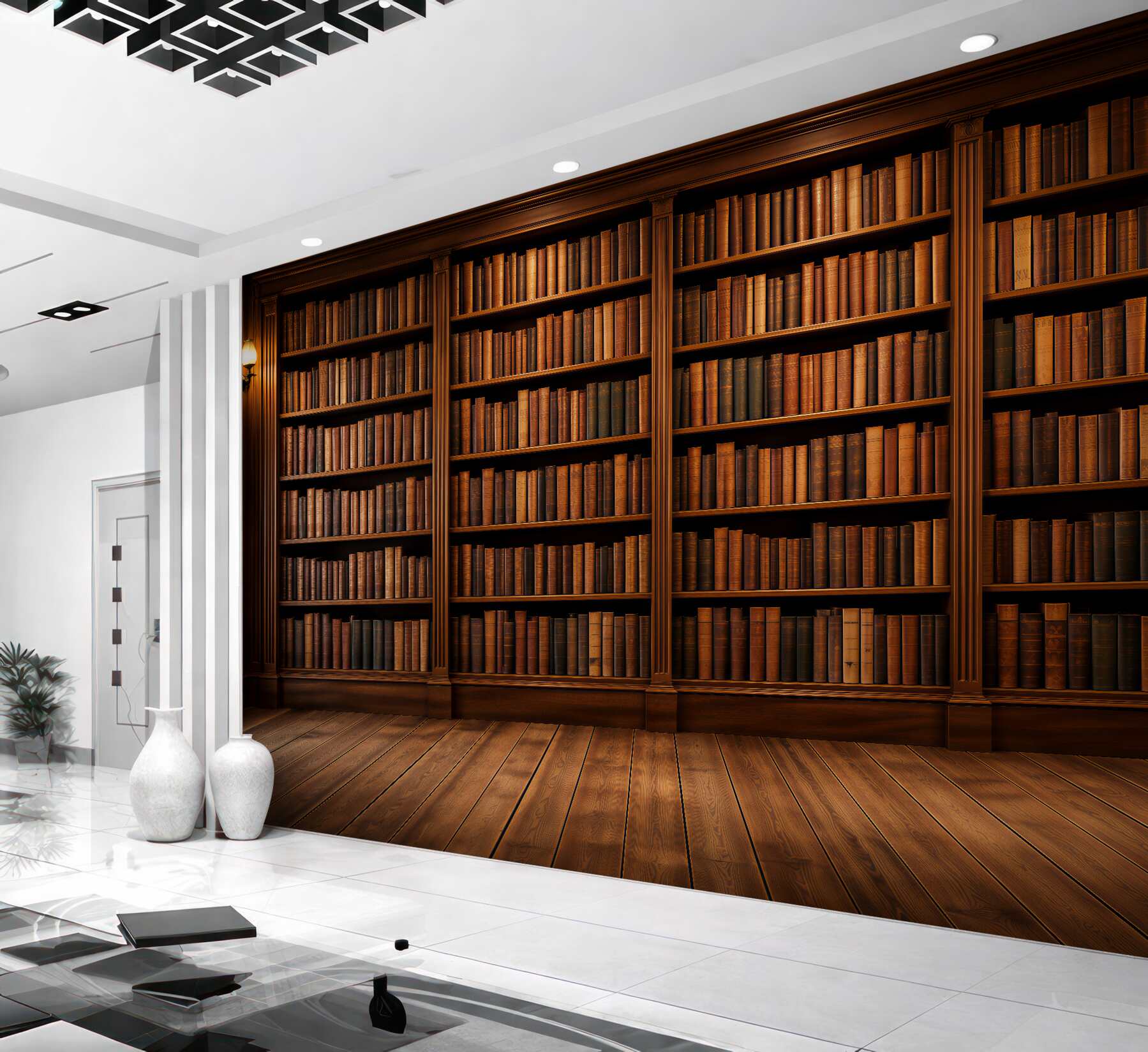 Fototapeten Klassische Bibliothek mit Holzregalen